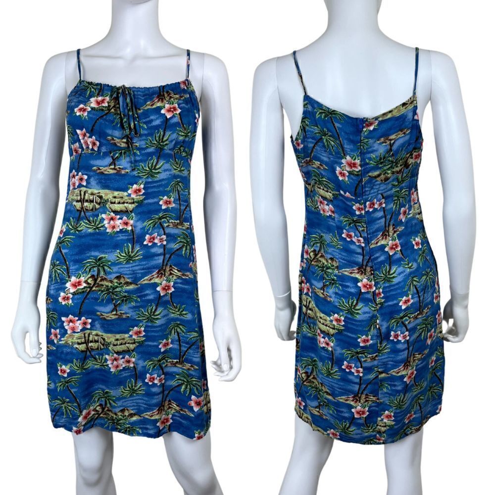 Vintage Women Size M Blue Floral Tropical Hawaiian Novelty Y2K Mini Slip Dress